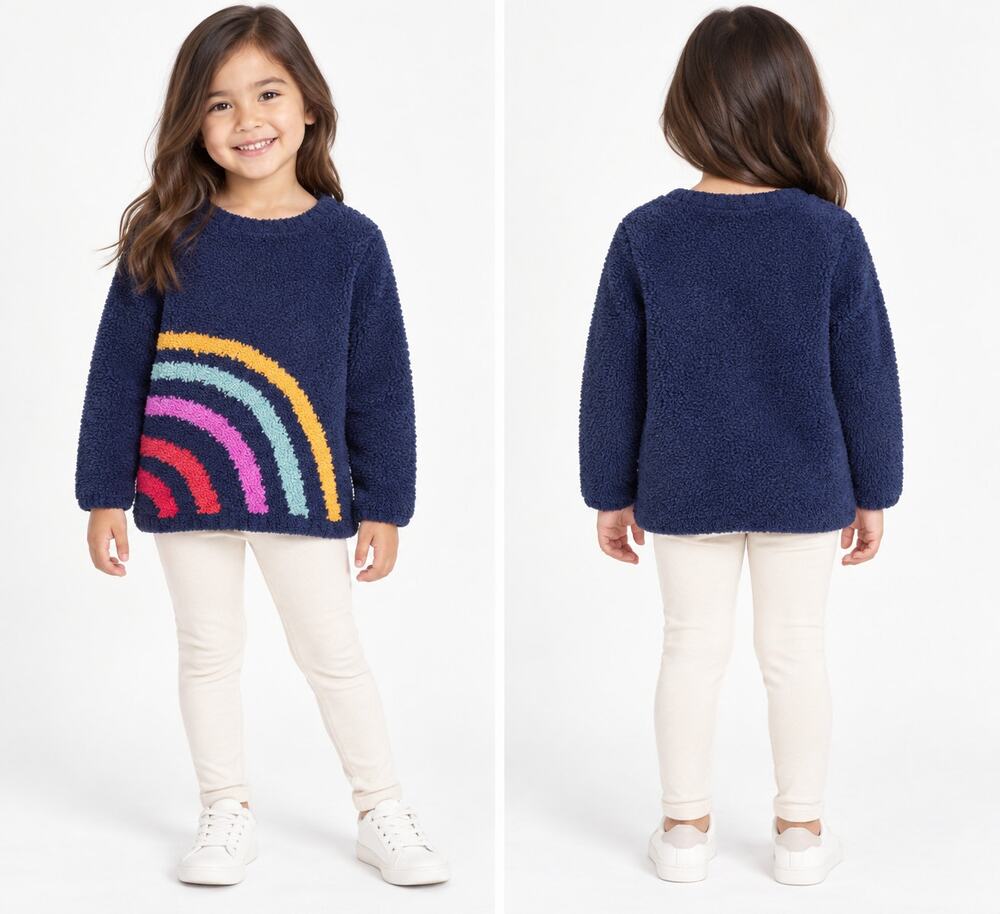 Hanna Andersson Marshmallow Rainbow Sweater 100/US 4 Navy Plush Fleece